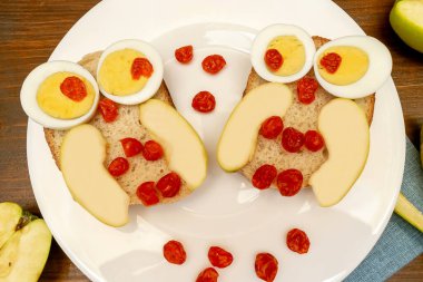 Komik baykuş suratlı tost ekmeği tavuk yumurtası, elma, tabakta kurutulmuş meyve. Tatlı çocuklar bebeğin tatlı tatlı tatlı kahvaltısı, öğle yemeği, ahşap arka planda yemek sanatı, üst manzara.