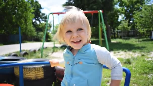 Cute Funny Blond Little Young Toddler Kid Child Boy Smiling — Video
