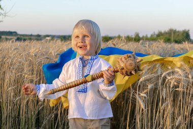 Nakışlı tişörtlü, elinde Ukrayna ulusal mavi bayrağı, gürz sembolü, buğday tarlası. Askeri Rus istilası. Ukrayna Bağımsızlığı, Bayrak, Anayasa, Kiev Günü.