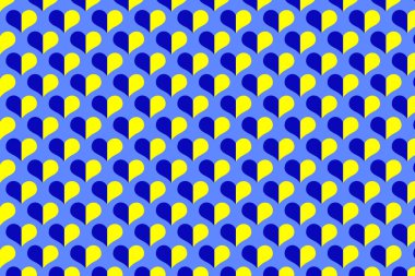 Ulusal Geleneksel Mavi ve Sarı Ukrayna sembollerinin kusursuz deseni mavi arka planda kalp şeklinde Ukrayna 'ya barış ve zafer.