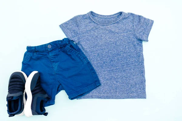 Summer Babies Blue Clothes Accessories Shirt Shorts Sneakers Modern Fashion — 스톡 사진