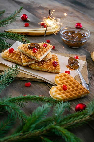 Homemade Belgian Waffles Heart Shaped Plate Colorful Red Sweet Cherry — Stockfoto