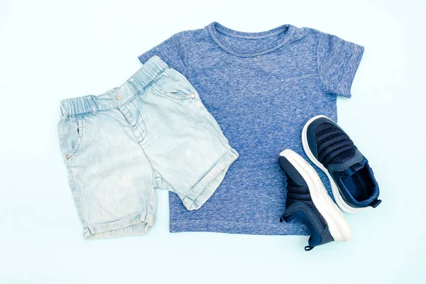 Summer Babies Blue Clothes Accessories Shirt Shorts Sneakers Modern Fashion — 스톡 사진