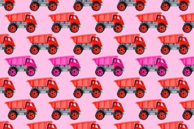 Colorful pink red plastic dump truck,tip lorry,car toy isolated on pink background asymmetric seamless pattern,mockup, template, toys for children, girls, kids development, playing, childhood.