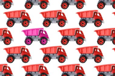 Renkli pembe plastik damperli kamyon, bahşiş kamyonu, beyaz arka planda izole edilmiş araba oyuncağı asimetrik iz, model, şablon, çocuklar için oyuncaklar, kızlar için gelişim, oyun, çocukluk.