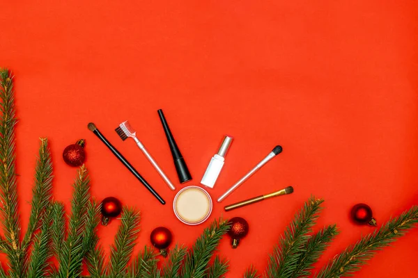 Christmas Beauty Cosmetics Composition Brushes Tools Accessories New Year Fir — Foto de Stock