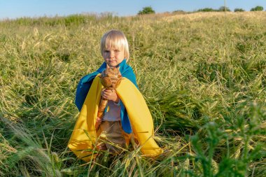 Nakışlı tişörtlü şirin çocuk elinde Ukrayna ulusal mavi bayrağı, gürz sembolü, buğday tarlası askeri Rus istilası taşıyor. Ukrayna Bağımsızlık, Bayrak, Anayasa, Kiev Günü.