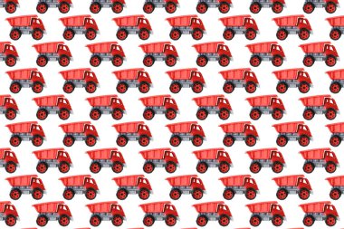 Renkli kırmızı plastik damperli kamyon, bahşiş kamyonu, beyaz arka planda izole edilmiş araba oyuncağı hala kusursuz desen, model, şablon, çocuklar için oyuncaklar, kızlar, gelişim, oyun, çocukluk.