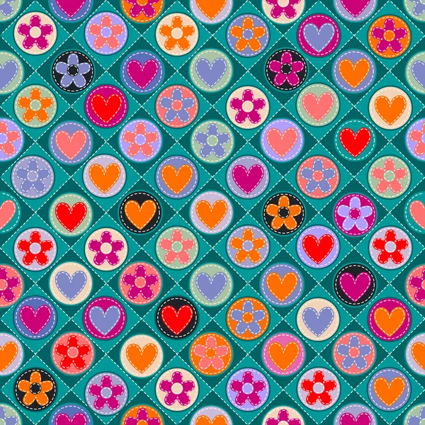 Seamless check with hearts, flowers and stitches — Stock Vector