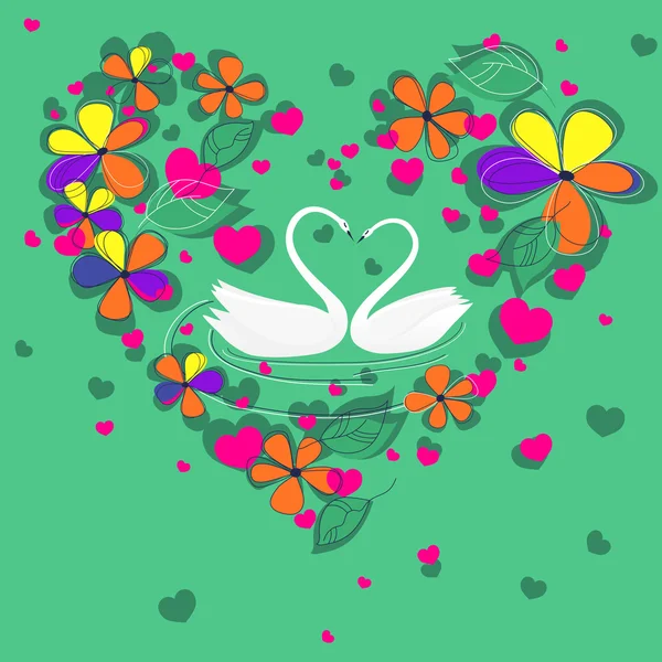 Deux cygnes dans le cadre floral en forme de coeur — Image vectorielle