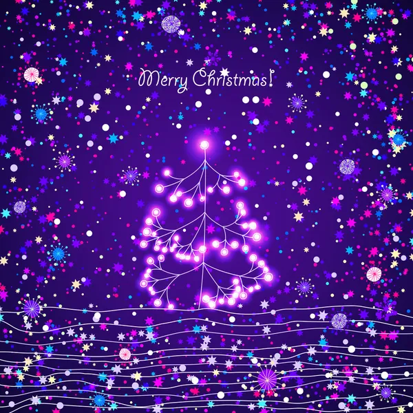 Яркая рождественская открытка с блестящим украшенным деревом — стоковый вектор