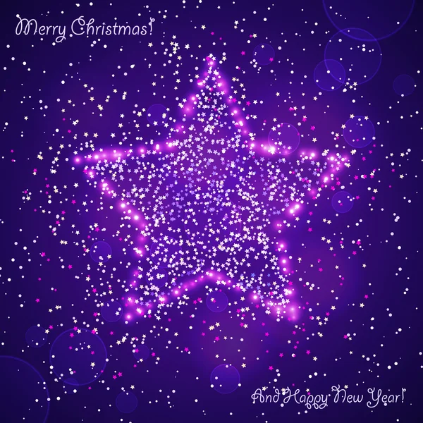 Luminoso biglietto di Natale viola con stella — Vettoriale Stock