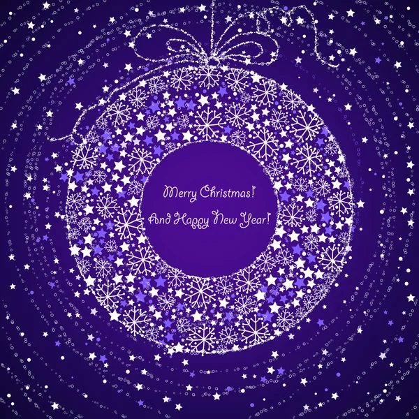 Kerstkaart met hangende bal van sterren en sneeuwvlokken — Stockvector