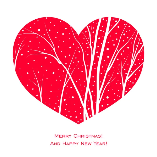 Elegant christmas card with red heart, trees and snow — Stock Vector