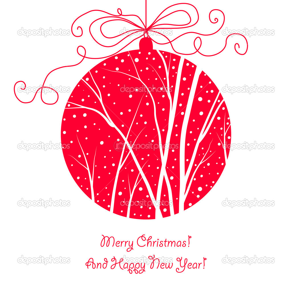 Elegant christmas card with hanging ball, trees and snow