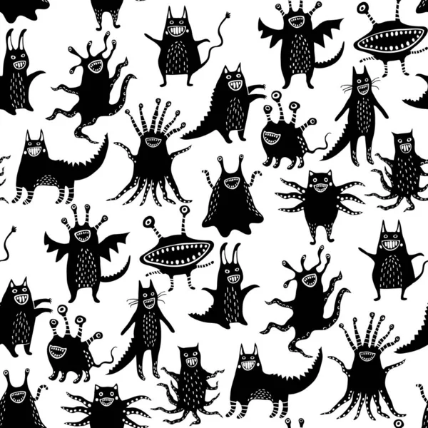 黑色和白色无缝模式与有趣的怪物 — 图库矢量图片