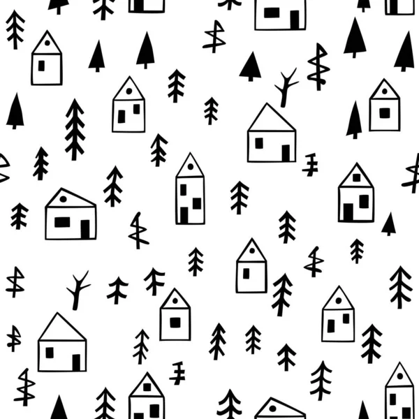 Nahtloses Schwarz Weiß Muster Mit Bäumen Und Häusern — Stockvektor