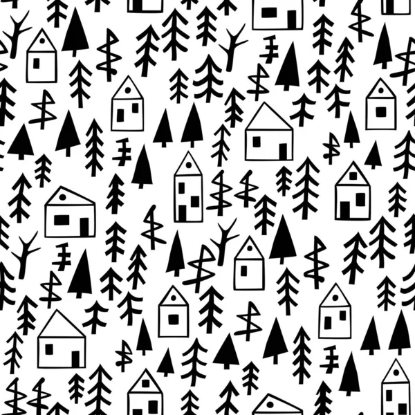 Nahtloses Schwarz Weiß Muster Mit Abstrakten Bäumen Und Häusern — Stockvektor
