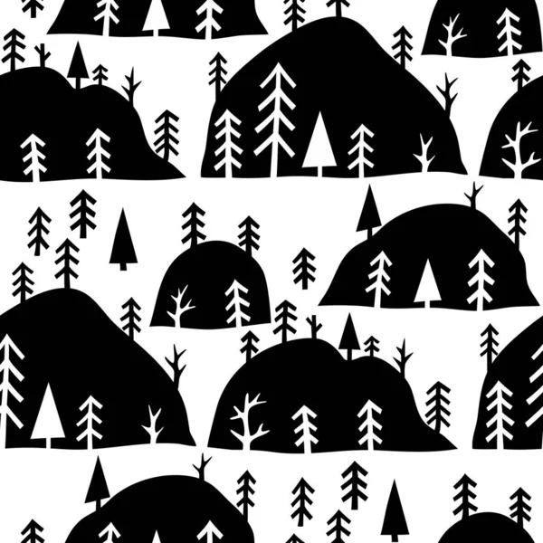 Black White Seamless Forest Landscape Pattern Trees Hills — Stock Vector