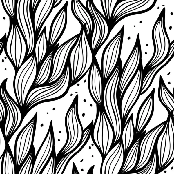 Abstract Black White Floral Seamless Pattern Wavy Lines — Stock Vector