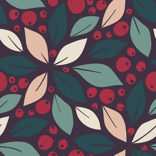 叶子和浆果的无缝图案 — 图库矢量图片