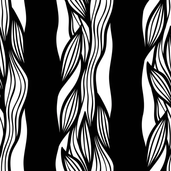 Abstract Black White Floral Seamless Pattern Wavy Lines — Stock Vector