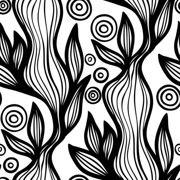 Abstract Black White Floral Seamless Pattern Wavy Lines — Stock Vector