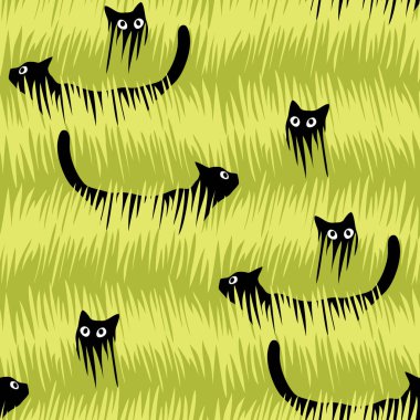 Çimenlerde yürüyen siyah kedilerin kusursuz desenleri.