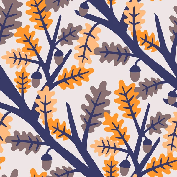 Seamless Autumn Pattern Pattern Oak Branches Acorns Bright Leaves — Stock Vector