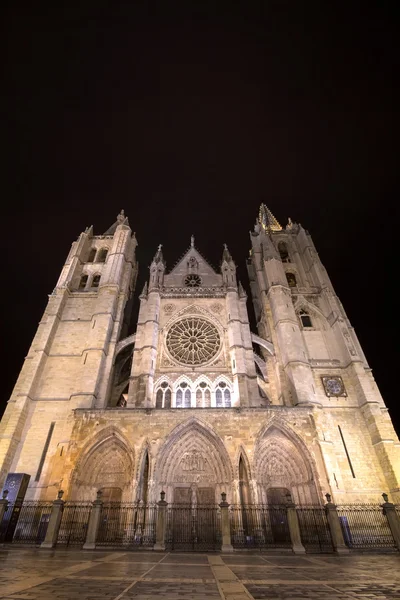 Night view of the Cathedral of Leon, Castilla y Leon, Spain — Stock Photo, Image