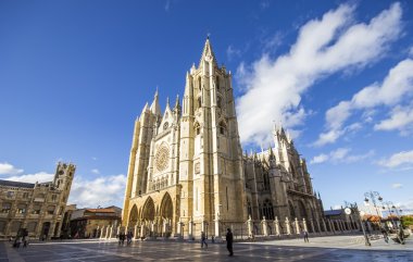 View of Cathedral of Leon at sunset, Leon, Spain
