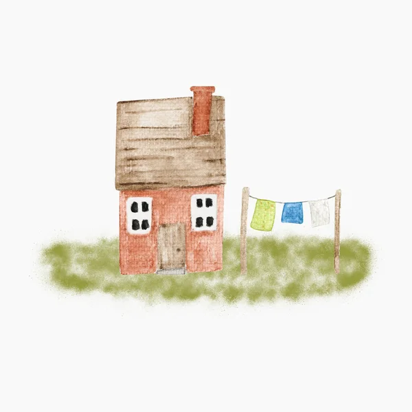 Akwarela Mały Wiejski Krajobraz Domu Ręcznie Rysowane Słodkie Dzieci Ilustracja — Zdjęcie stockowe
