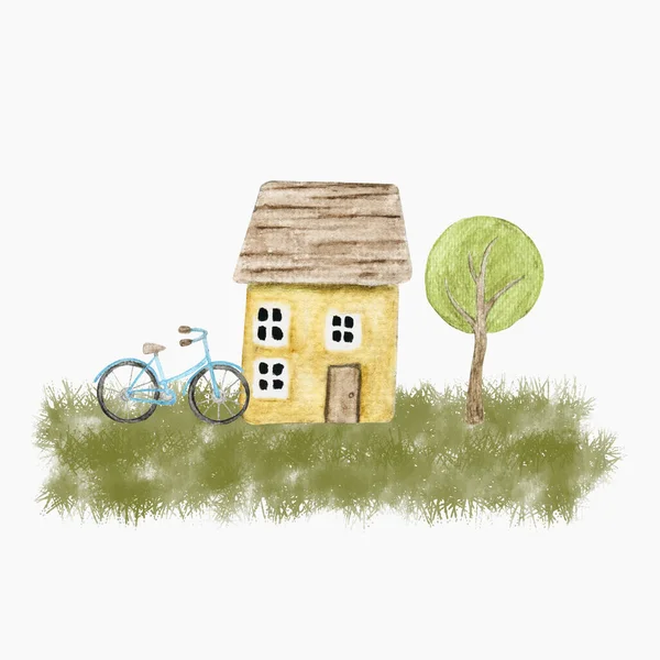 Aquarell Kleine Dorfhauslandschaft Handgezeichnete Niedliche Kinder Illustration Für Wandkunst Grußkarten — Stockfoto