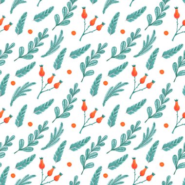 Suluboya Noel yeşilliği kusursuz desen. Kumaş, tekstil, ambalaj kağıdı ve diğer şeyler için el çizimi kış botanik çizimi.