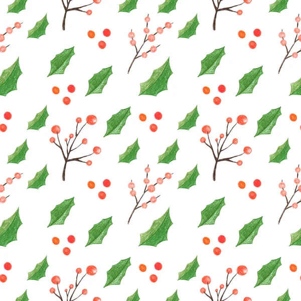水彩クリスマスグリーンシームレスパターン 包装紙などのための手描きの冬の植物イラスト — ストック写真