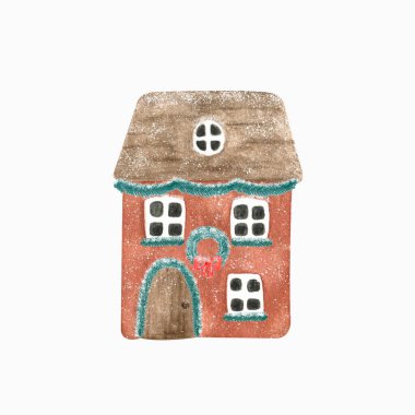 Suluboya şirin bir Noel evi. Tatil tebrik kartları, davetiyeler, posterler, kartpostallar ve diğer şeyler için elle çizilmiş kış illüstrasyonu.