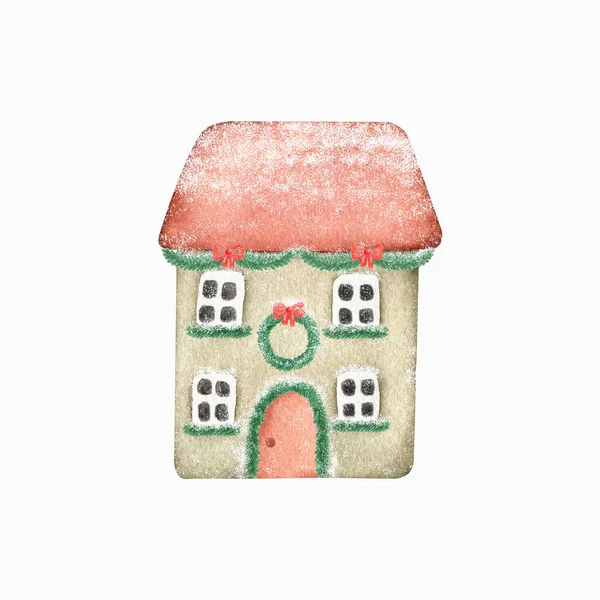 Akwarela Ładny Dom Bożego Narodzenia Ręcznie Rysowane Ilustracje Zimowe Kartkach — Zdjęcie stockowe