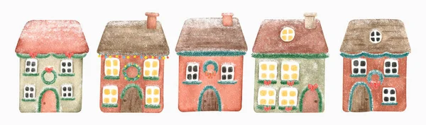 Akwarela Cute Christmas Domy Zestaw Ręcznie Rysowane Ilustracje Zimowe Kartkach — Zdjęcie stockowe