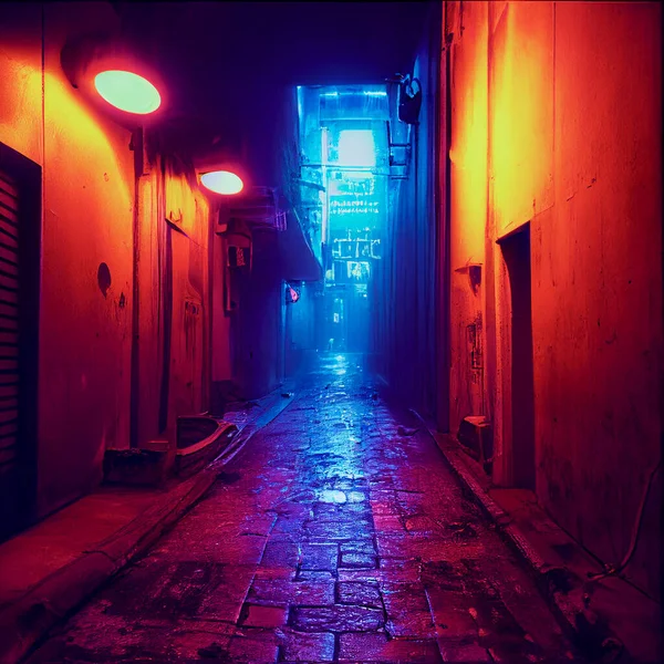 Old dirty street with neon lights. Illustration