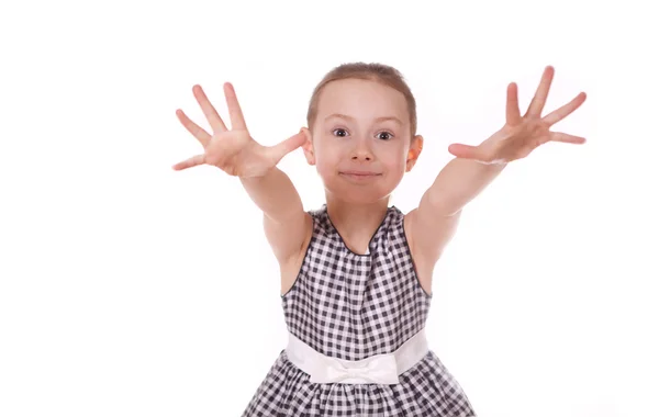 Happy little girl raised her hand — Stock Photo, Image