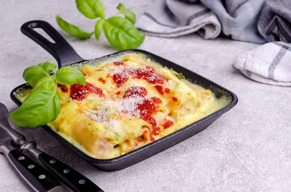 Traditional Baked Cannelloni Meat Filling Sauce Stone Background Selective Focus — Stock Photo, Image