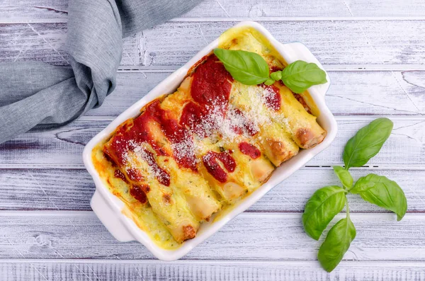 Traditional Baked Cannelloni Meat Filling Sauce Wooden Background Selective Focus — Stock Photo, Image