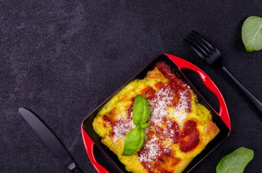 Geleneksel fırınlanmış cannelloni, et dolgusu ve soslu, taş zeminde. Seçici odaklanma. Üst görünüm. 