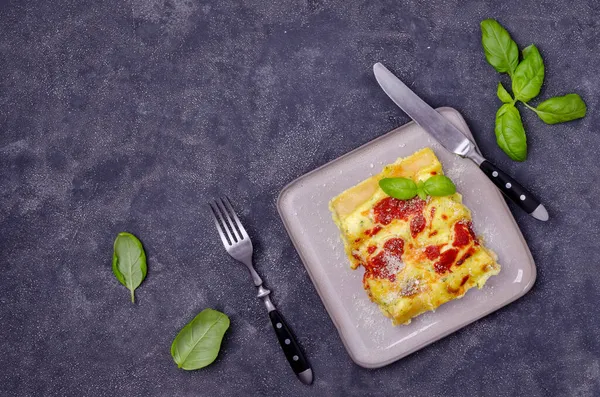 Traditionele Gebakken Cannelloni Met Vleesvulling Saus Een Stenen Achtergrond Selectieve — Stockfoto