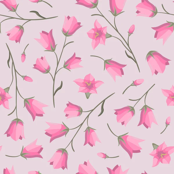 Vector Seamless Spring Pattern Pink Bluebell Flowers Pastel Pink Background — Stock Vector