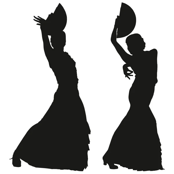 Duas silhuetas pretas de dançarina de flamenco feminina — Vetor de Stock