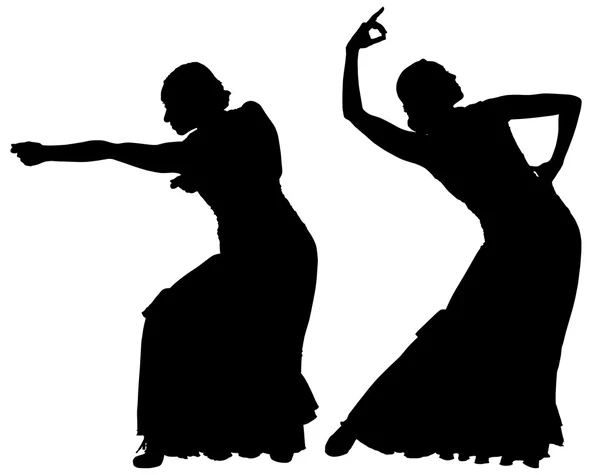 Duas silhuetas pretas de dançarina de flamenco feminina — Vetor de Stock
