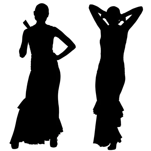 女性のフラメンコ ダンサーの 2 つの黒いシルエット — ストックベクタ