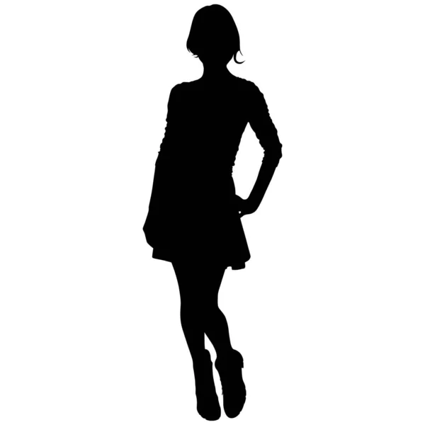 Silhouette noire de fille mince avec coupe de cheveux courte en jupe courte — Image vectorielle