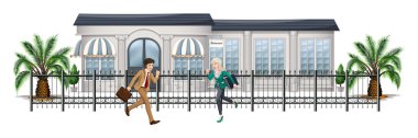 People running in front of the gated building clipart